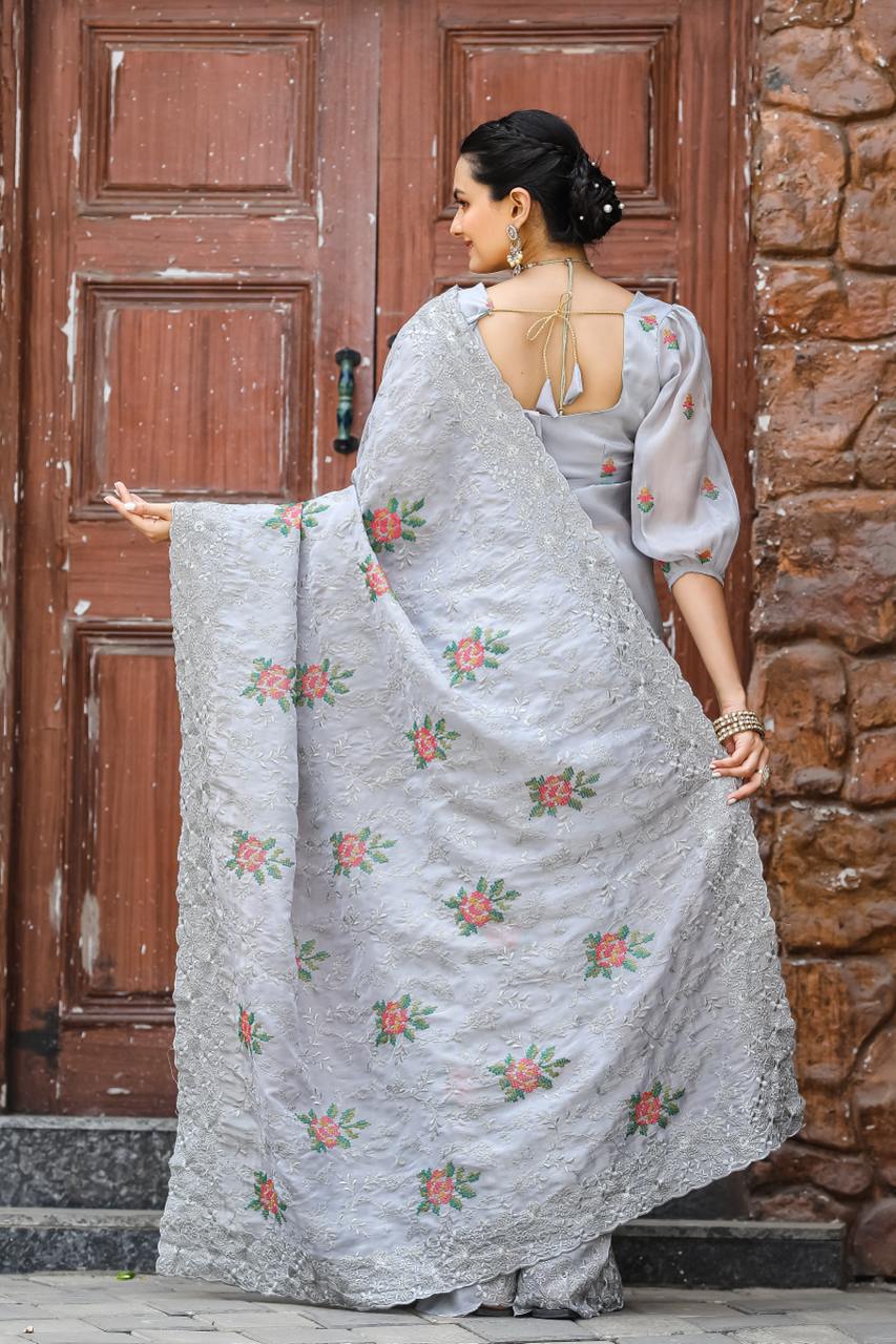 Pure Shiny Zari Chiffon Saree With Beautiful Work