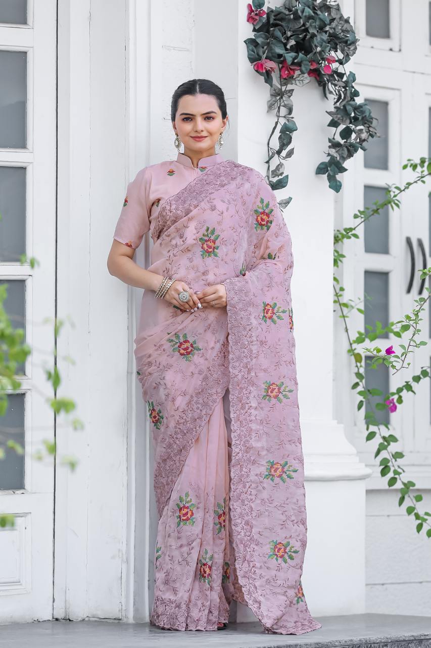 Pure Shiny Zari Chiffon Saree With Beautiful Work