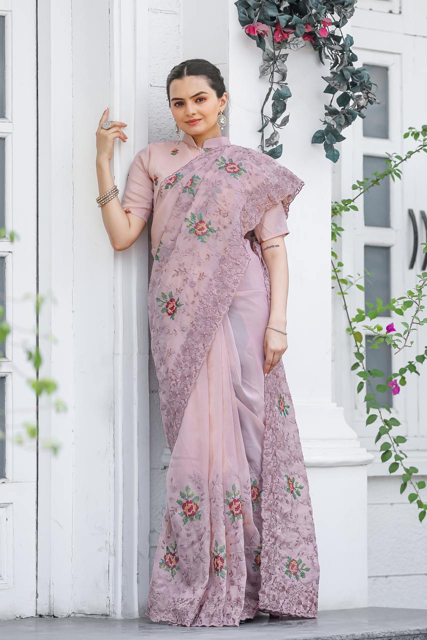 Pure Shiny Zari Chiffon Saree With Beautiful Work