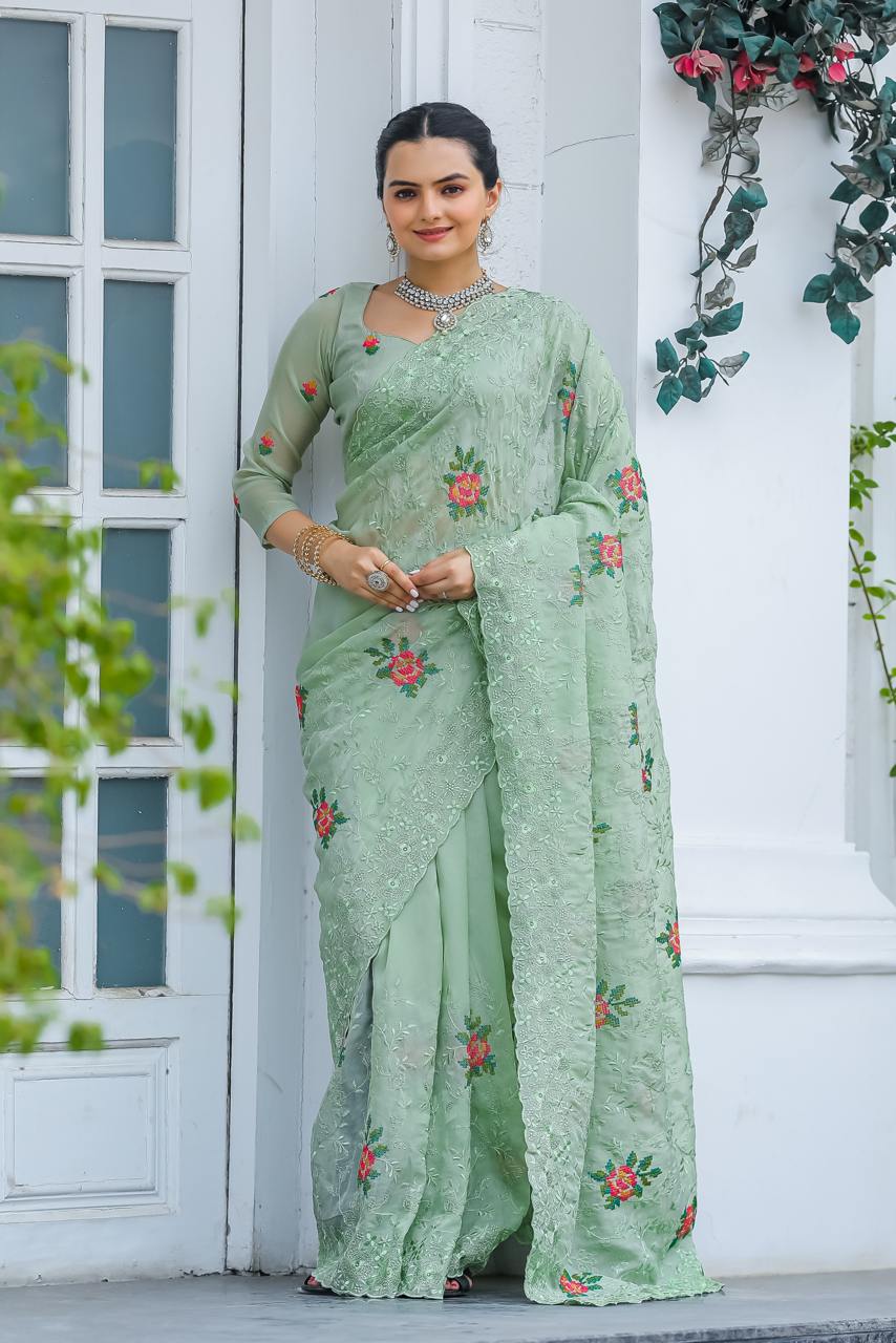 Pure Shiny Zari Chiffon Saree With Beautiful Work