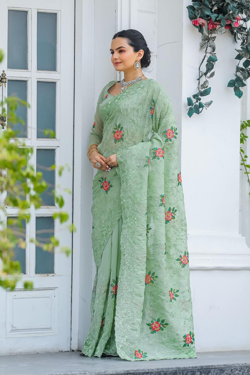 Pure Shiny Zari Chiffon Saree With Beautiful Work