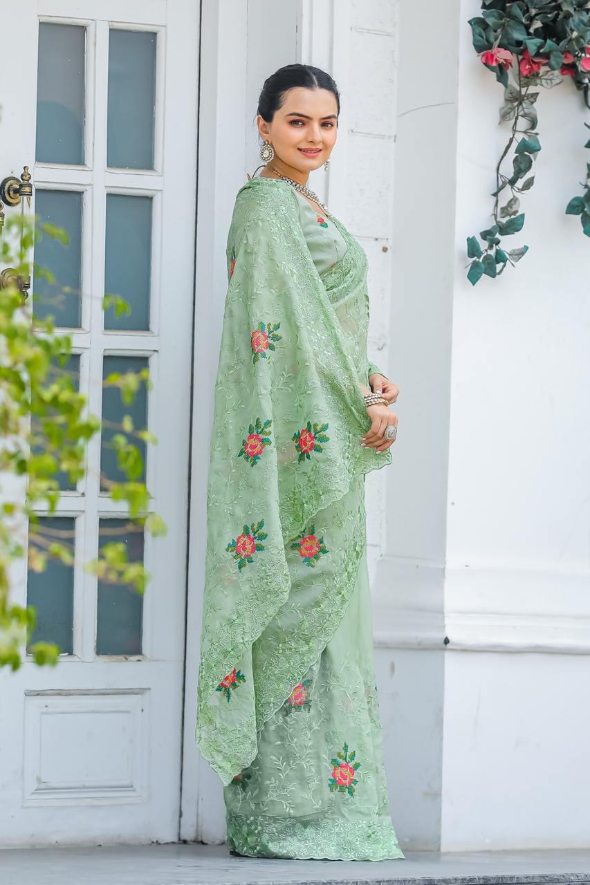 Pure Shiny Zari Chiffon Saree With Beautiful Work