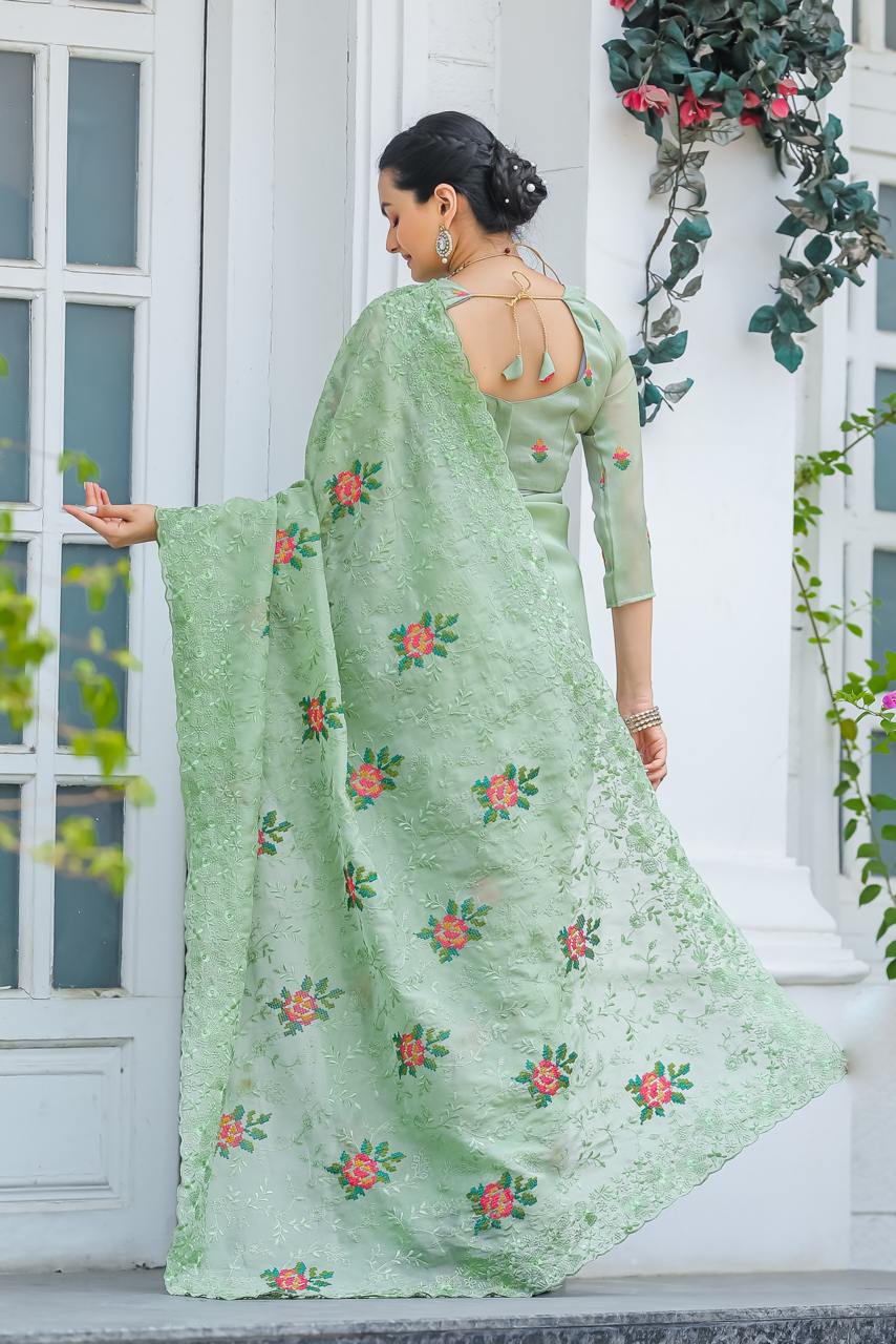 Pure Shiny Zari Chiffon Saree With Beautiful Work