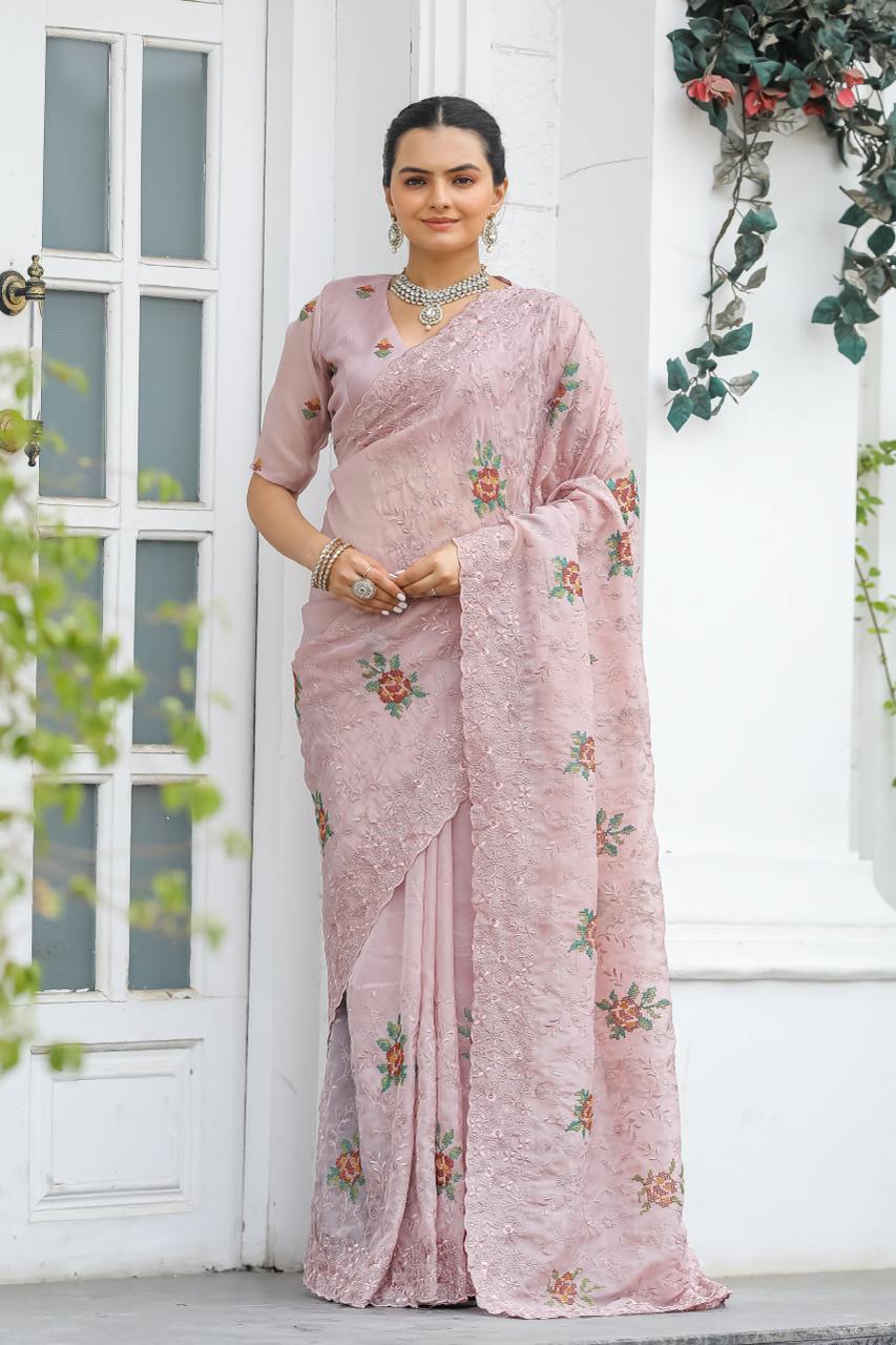 Pure Shiny Zari Chiffon Saree With Beautiful Work