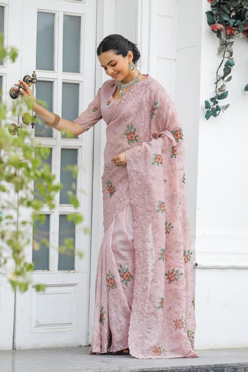 Pure Shiny Zari Chiffon Saree With Beautiful Work
