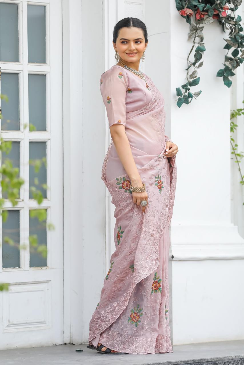 Pure Shiny Zari Chiffon Saree With Beautiful Work