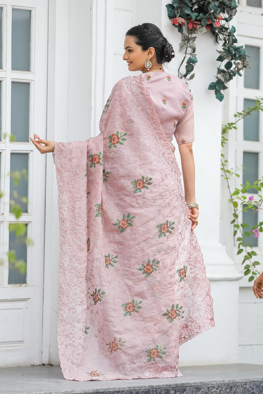Pure Shiny Zari Chiffon Saree With Beautiful Work