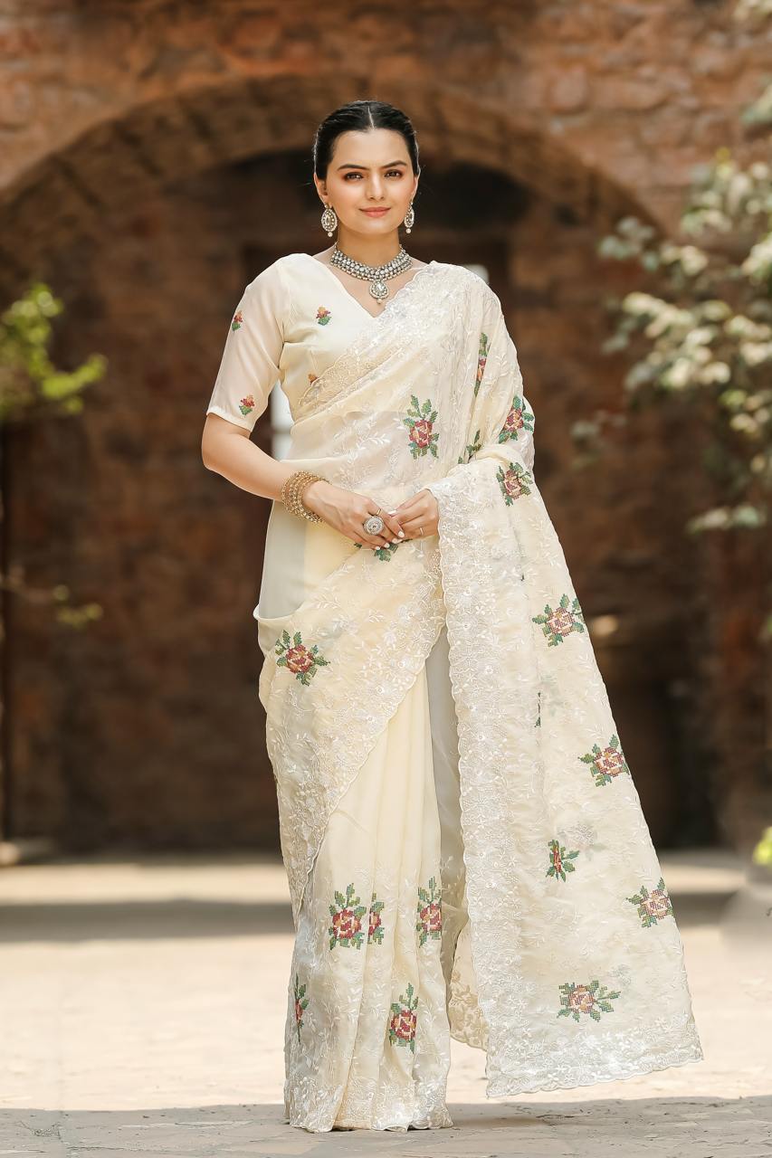 Pure Shiny Zari Chiffon Saree With Beautiful Work