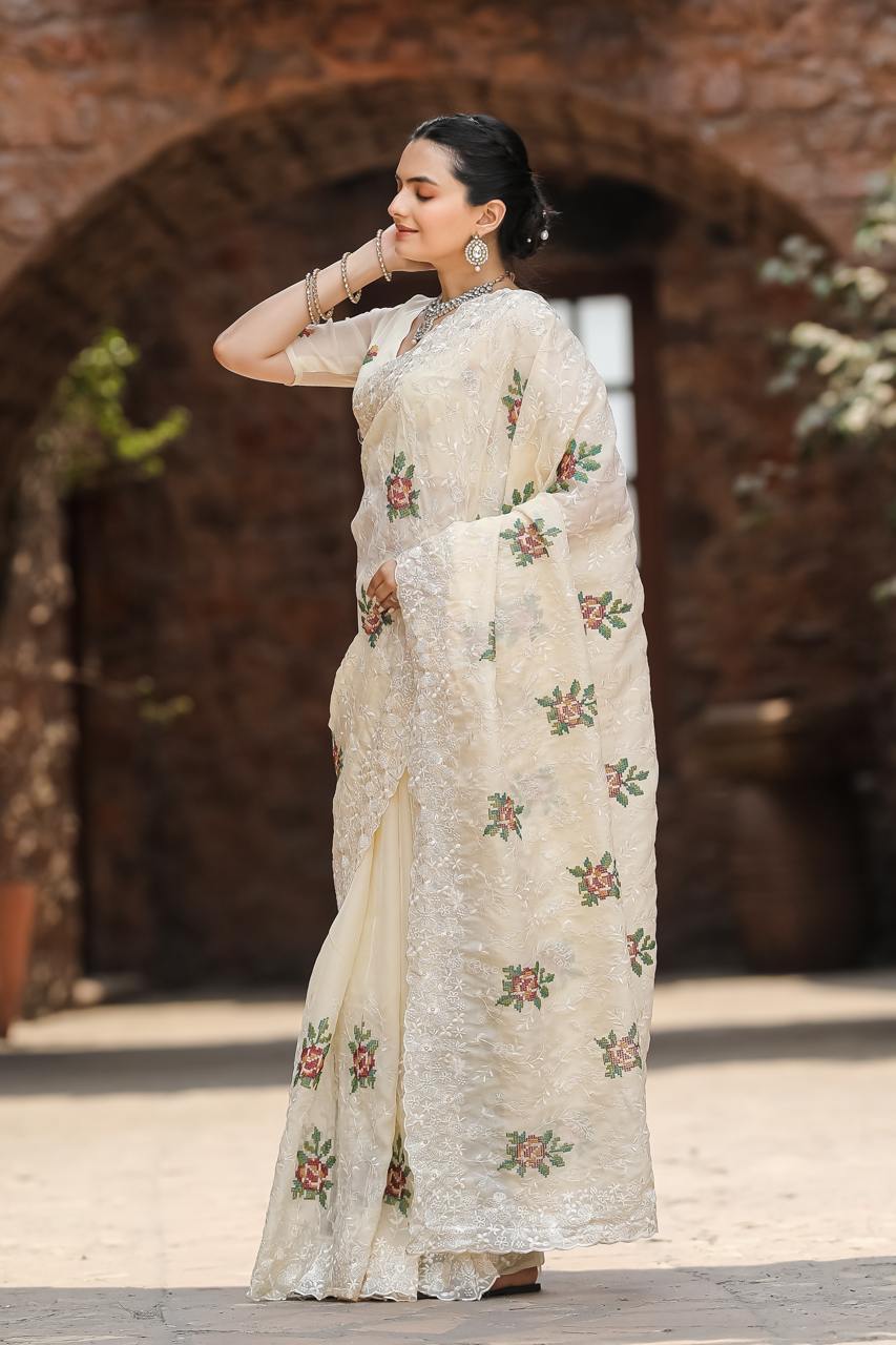 Pure Shiny Zari Chiffon Saree With Beautiful Work