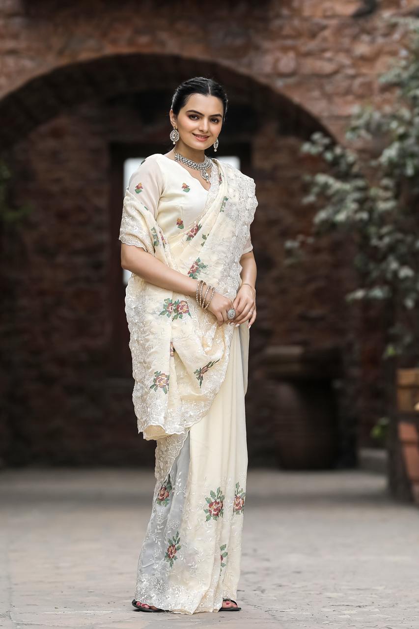 Pure Shiny Zari Chiffon Saree With Beautiful Work