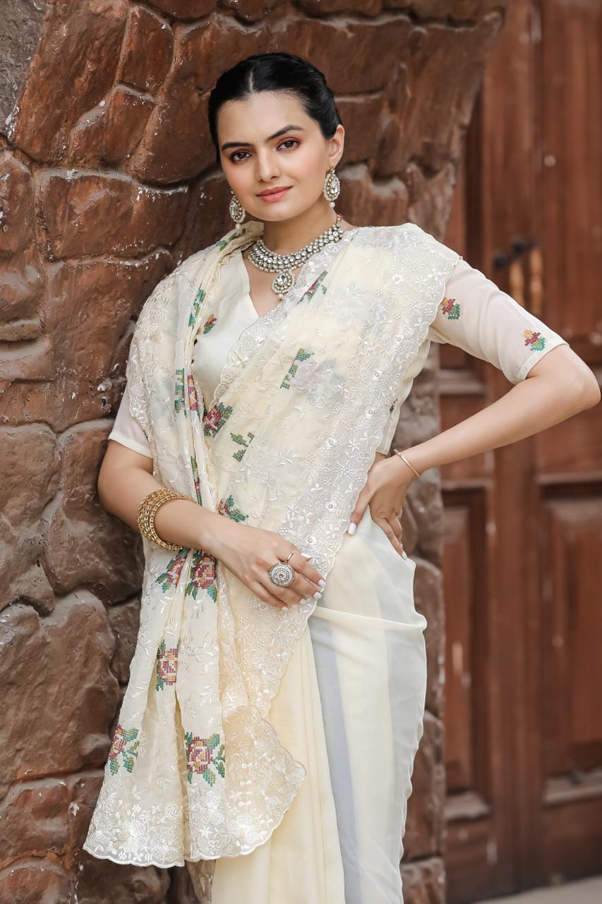 Pure Shiny Zari Chiffon Saree With Beautiful Work