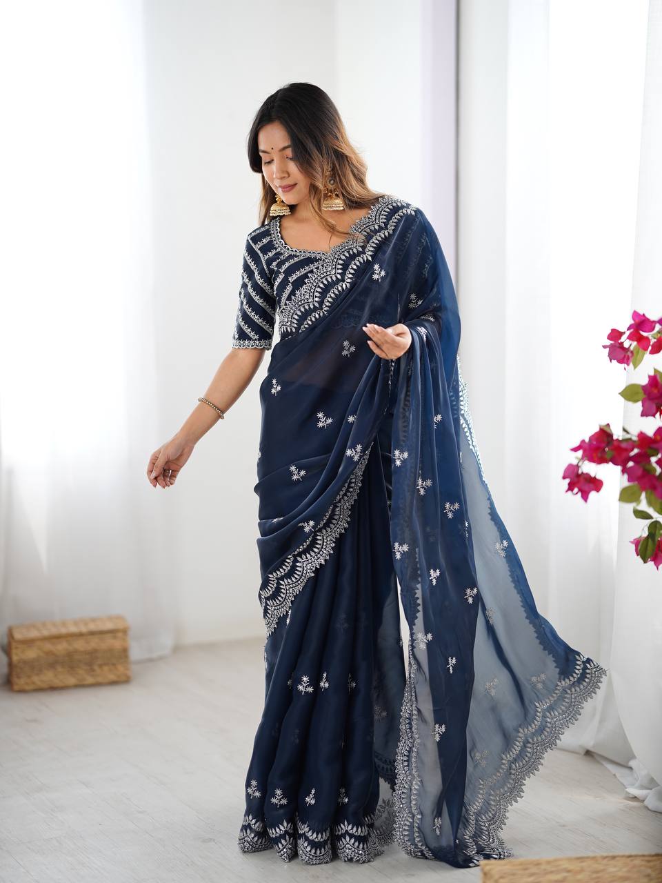 Beautiful Silk Saree with Silver Embroidery