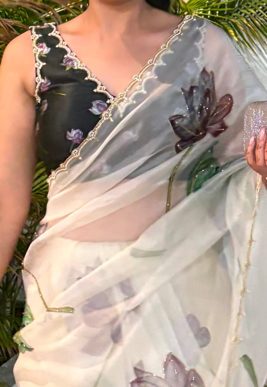 Beautiful Off White Floral Print Soft Organza Saree