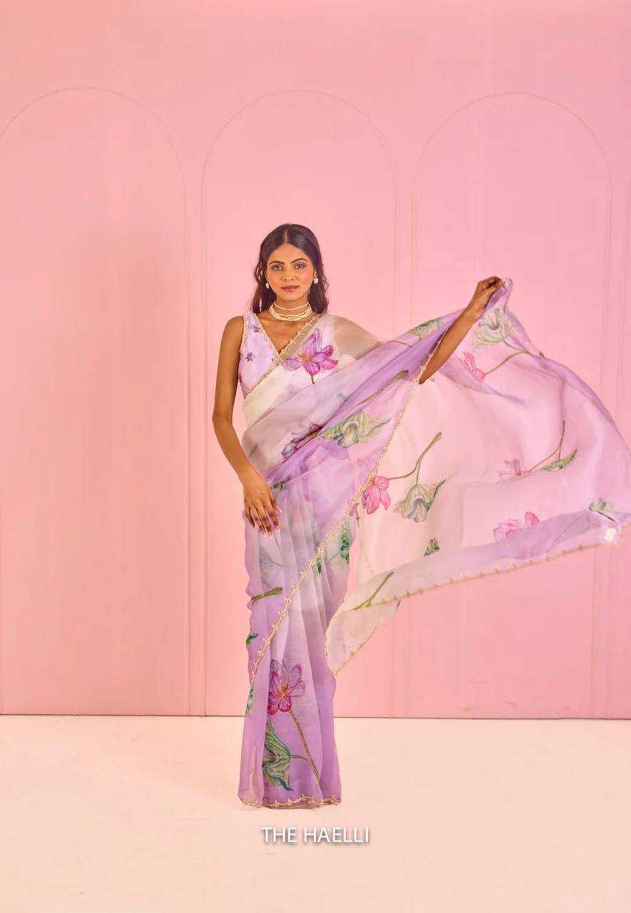 Beautiful Purple Floral Print Soft Organza Saree