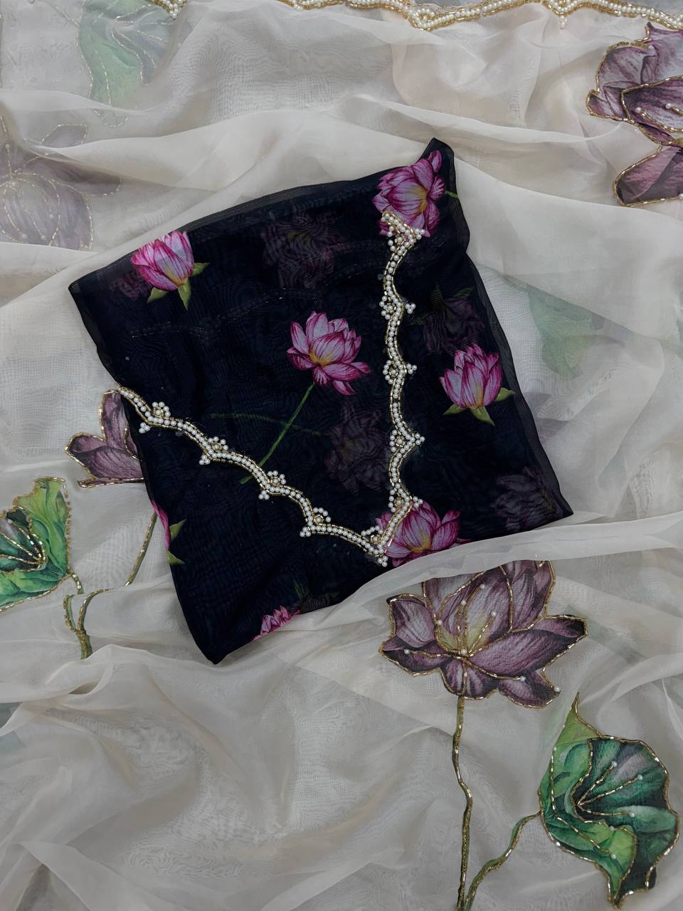 Beautiful Off White Floral Print Soft Organza Saree