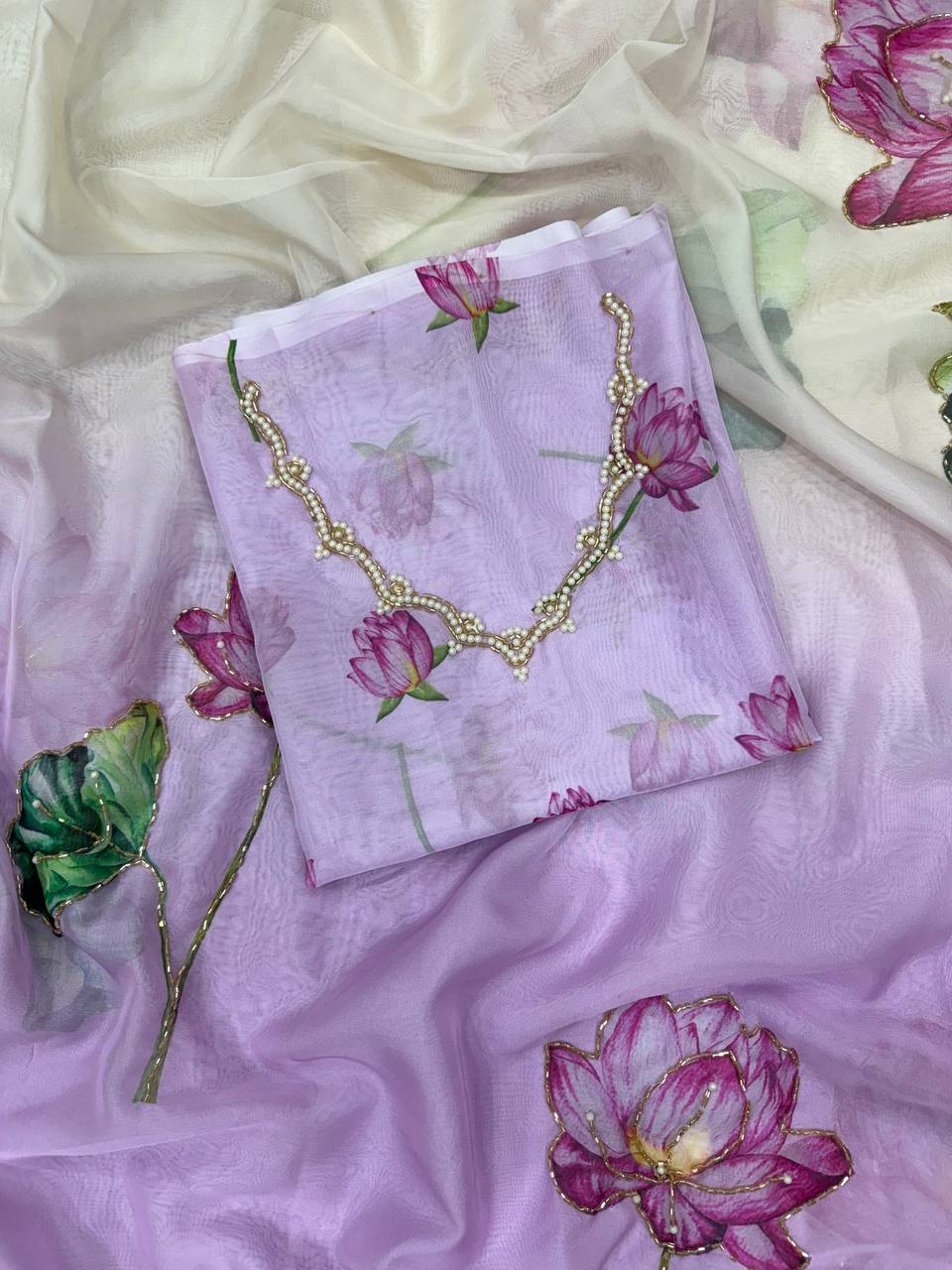 Beautiful Purple Floral Print Soft Organza Saree