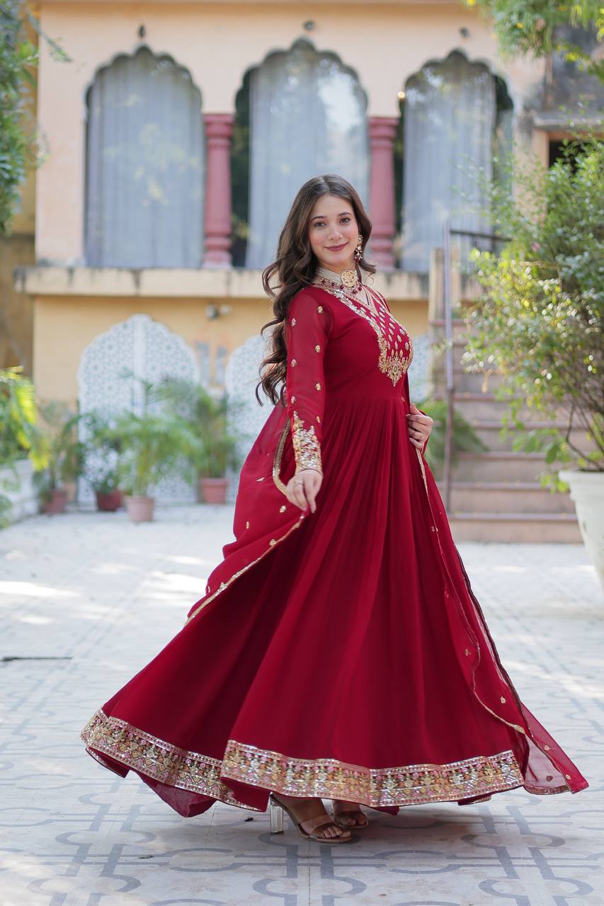 Elegant Faux Blooming Georgette Gown with Sequins Embroidery & Lace Dupatta
