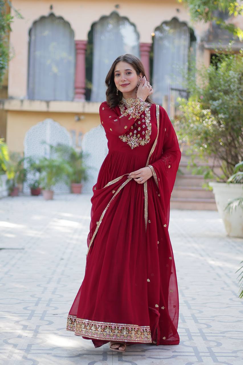 Elegant Faux Blooming Georgette Gown with Sequins Embroidery & Lace Dupatta