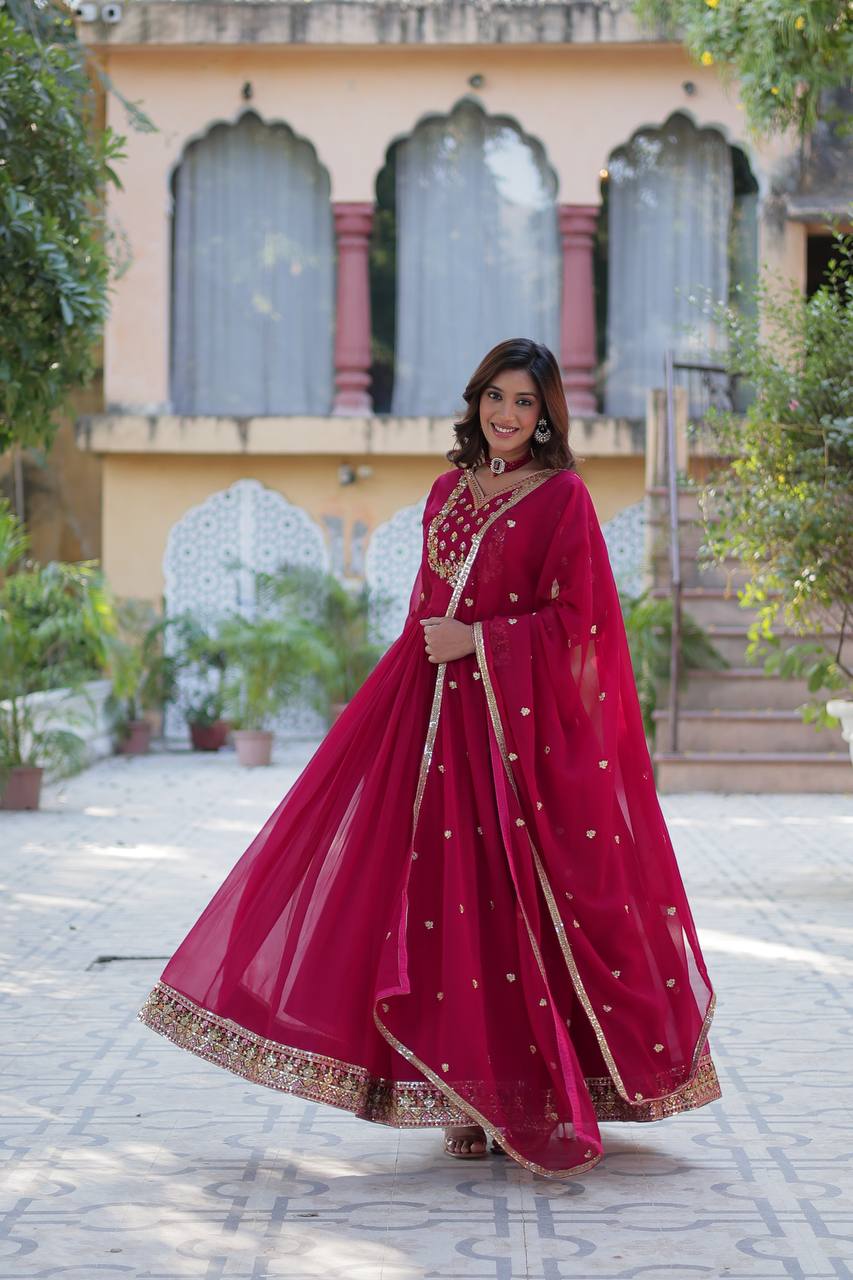 Elegant Faux Blooming Georgette Gown with Sequins Embroidery & Lace Dupatta