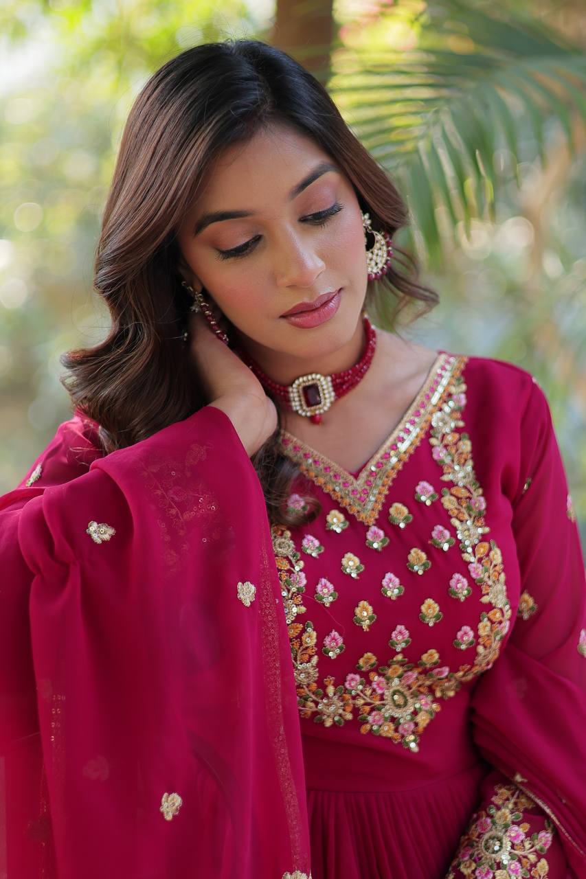 Elegant Faux Blooming Georgette Gown with Sequins Embroidery & Lace Dupatta
