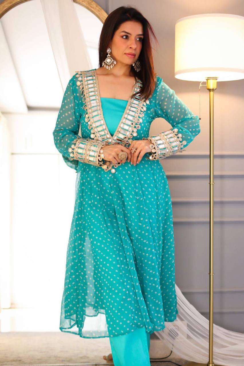 Digital Printed Chinon with Real Mirror & Embroidery Work Dress