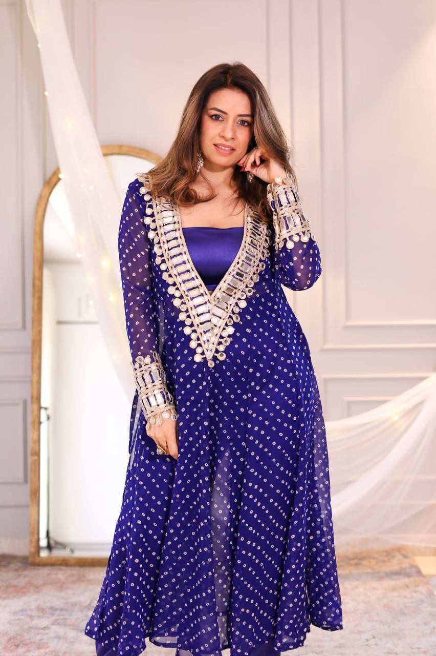 Digital Printed Chinon with Real Mirror & Embroidery Work Dress
