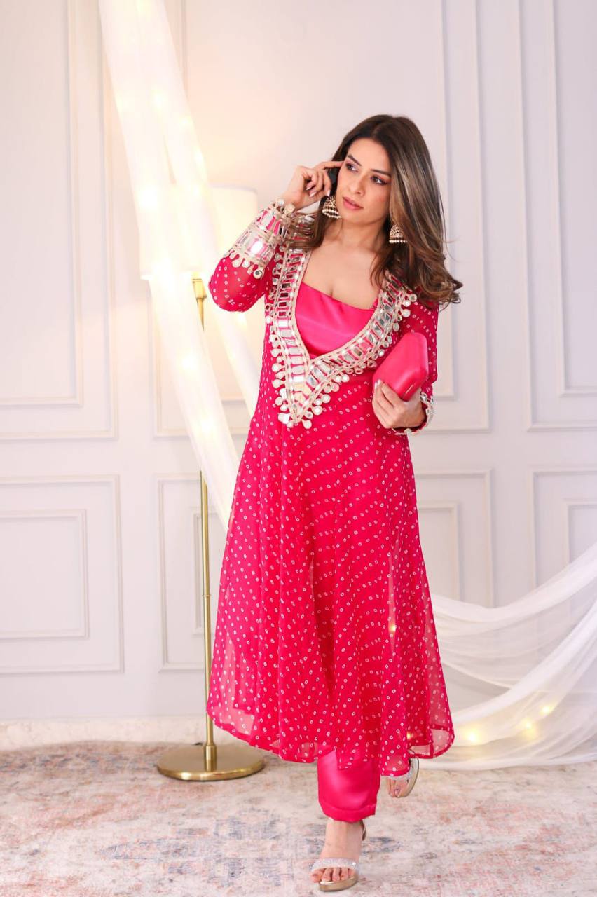 Digital Printed Chinon with Real Mirror & Embroidery Work Dress