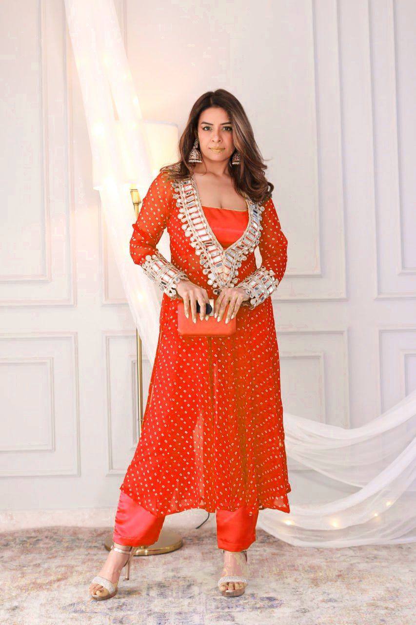 Digital Printed Chinon with Real Mirror & Embroidery Work Dress