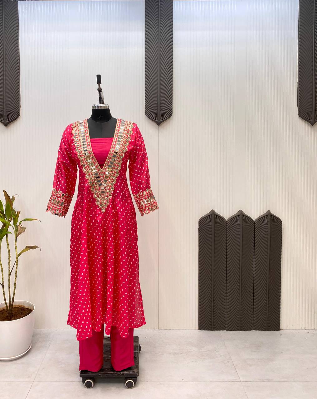 Digital Printed Chinon with Real Mirror & Embroidery Work Dress
