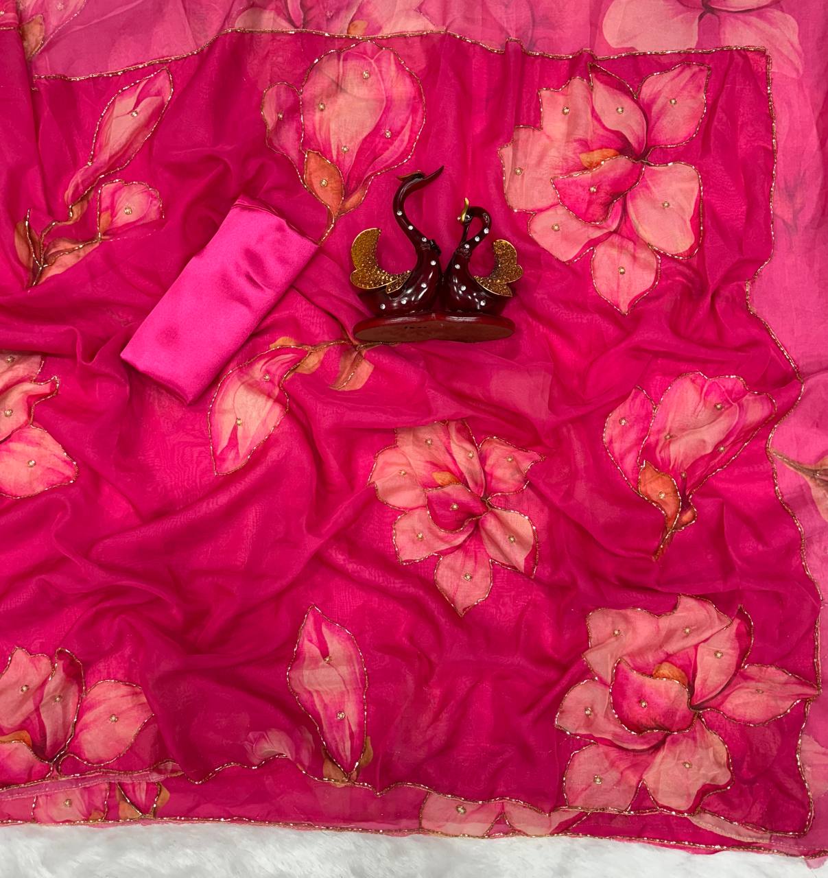 New Exclusive Floral Pink Handwork Saree