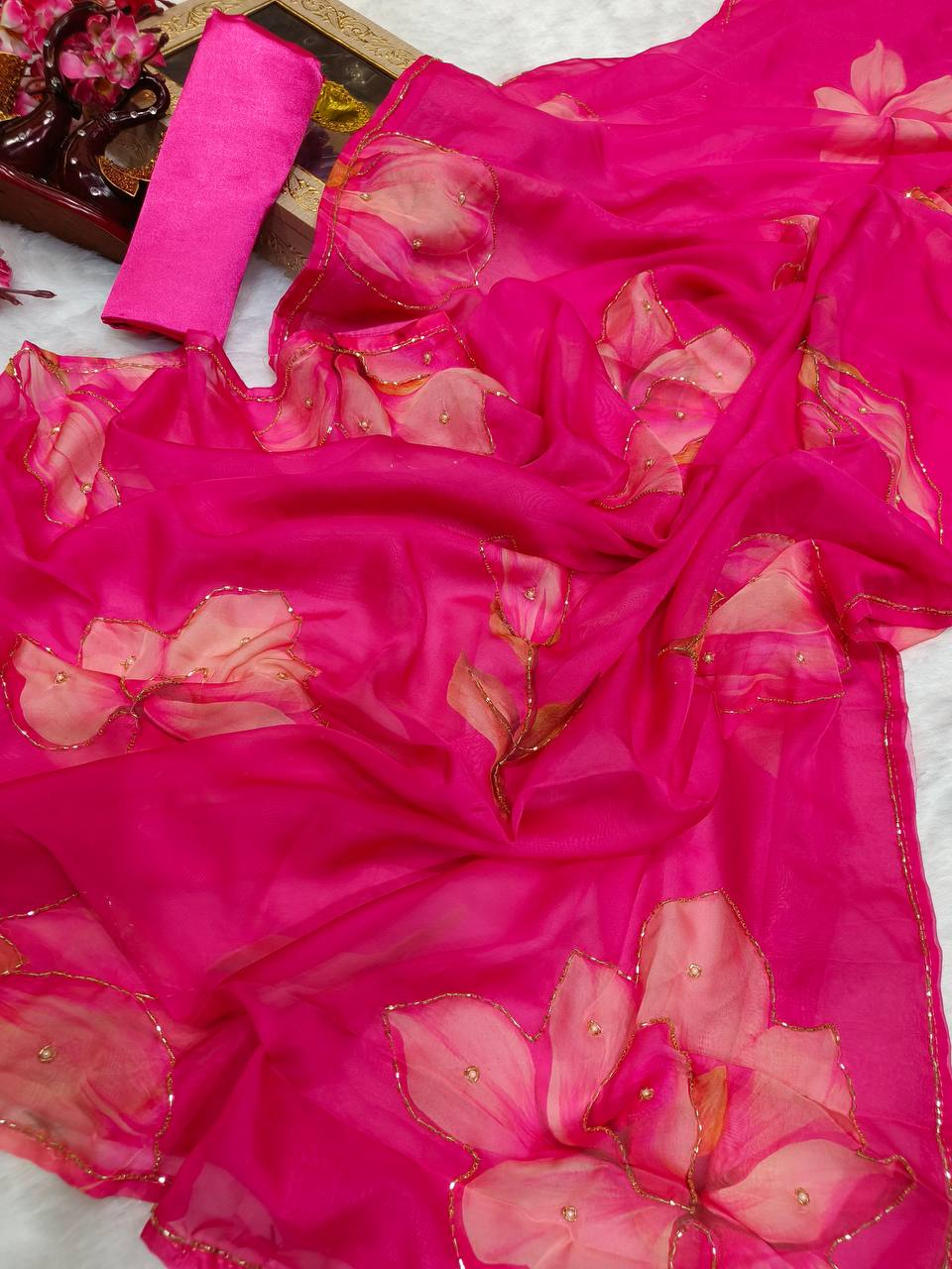 New Exclusive Floral Pink Handwork Saree