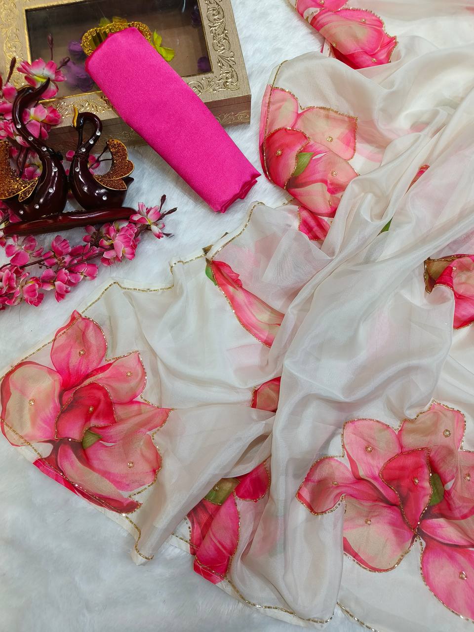 New Exclusive Floral White Handwork Saree