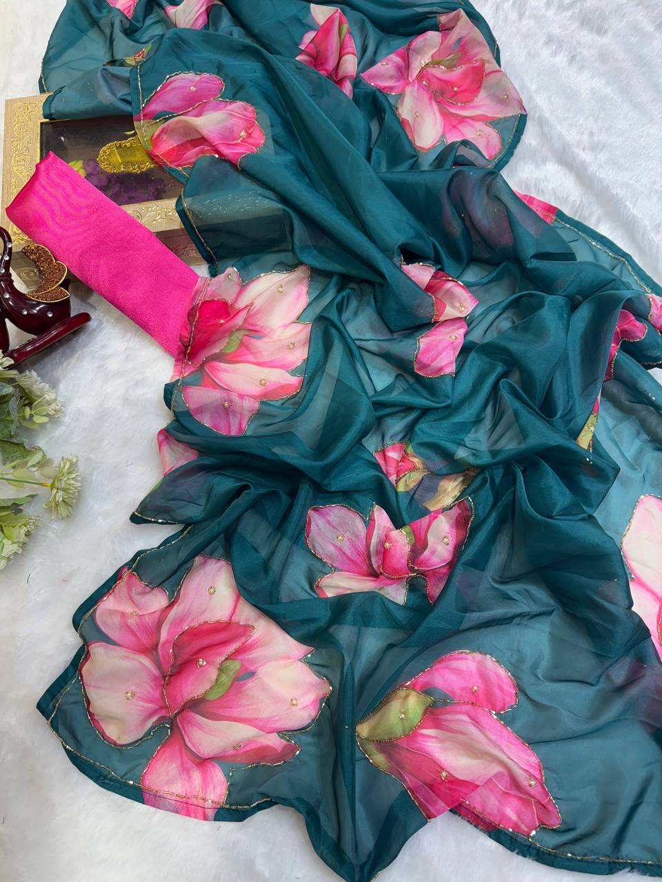 New Exclusive Floral Blue Handwork Saree