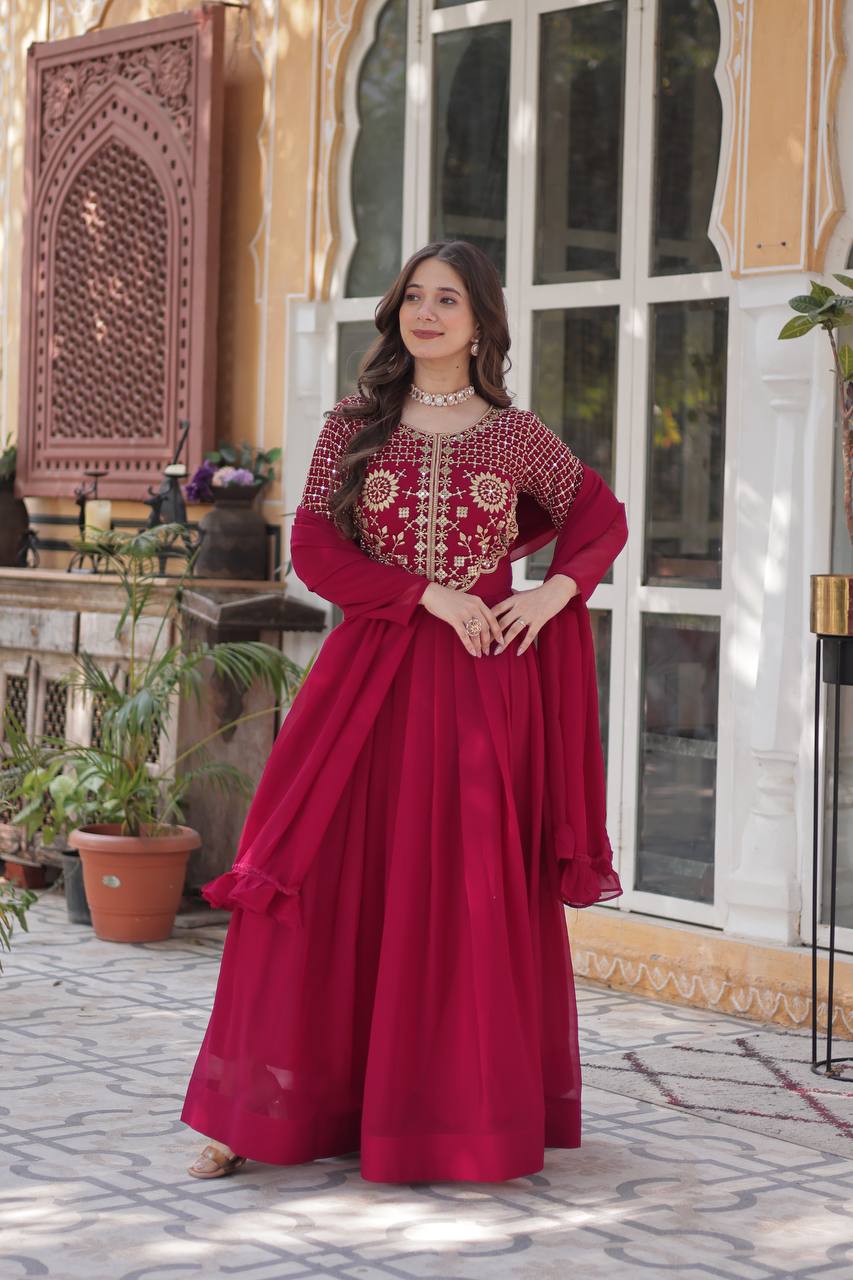 Elegant Faux Blooming Georgette Gown with Embroidered Work & Matching Dupatta