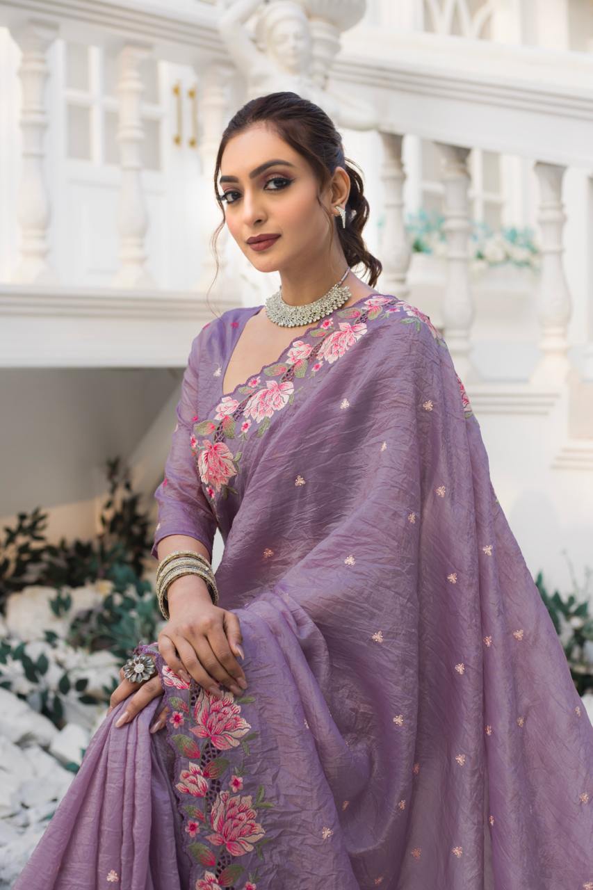 Pure crush silk saree with all over embroidery design