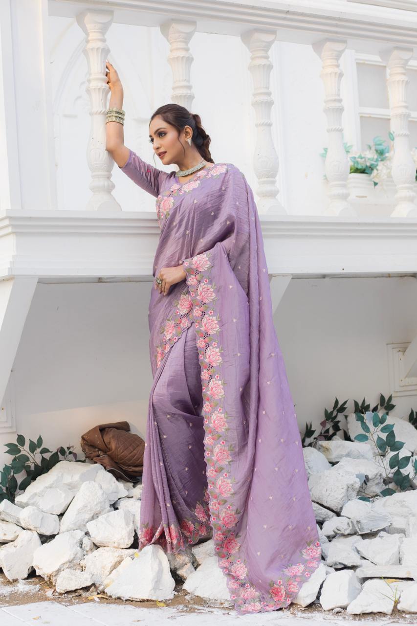 Pure crush silk saree with all over embroidery design
