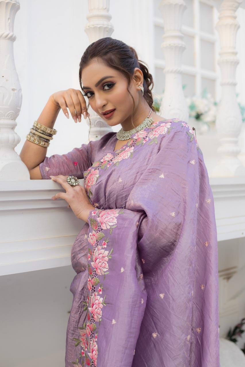 Pure crush silk saree with all over embroidery design
