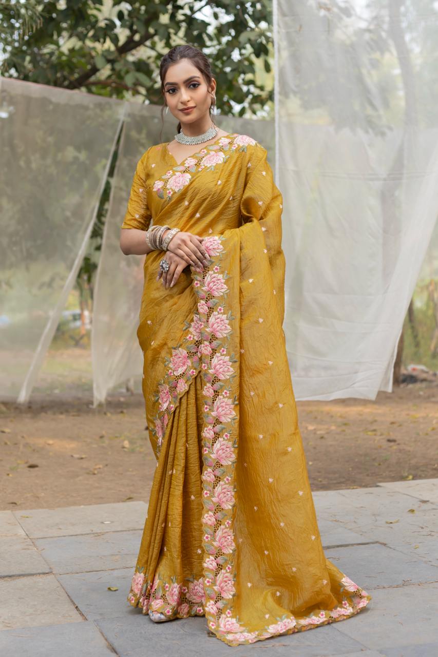 Pure crush silk saree with all over embroidery design