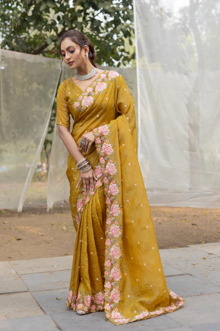 Pure crush silk saree with all over embroidery design