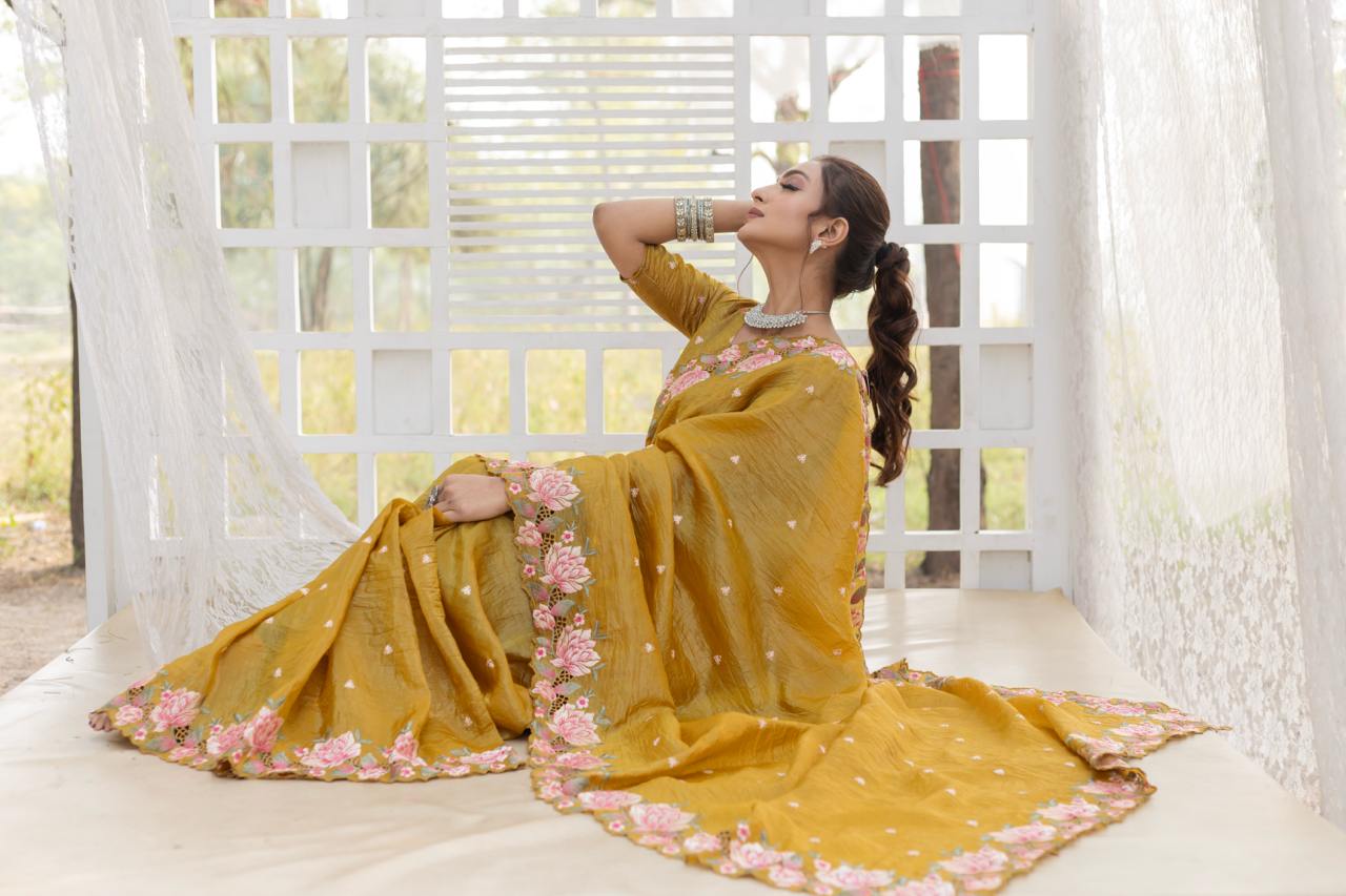 Pure crush silk saree with all over embroidery design
