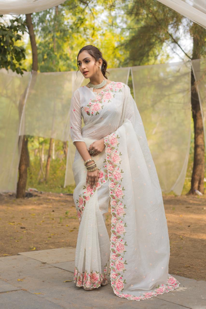 Pure crush silk saree with all over embroidery design