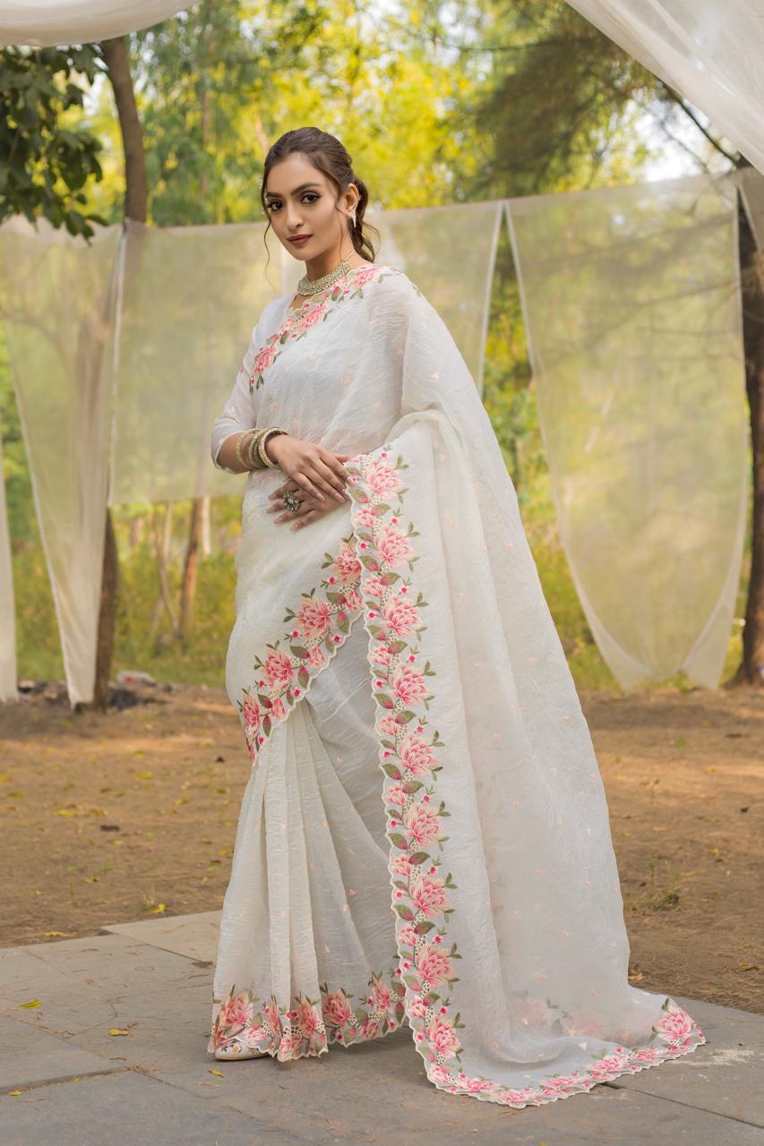Pure crush silk saree with all over embroidery design