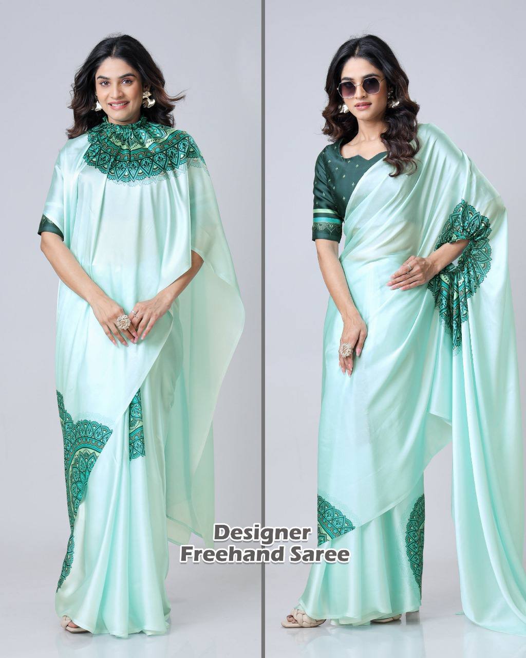 Trending Sea Green Free Hand Ready To Wear Saree