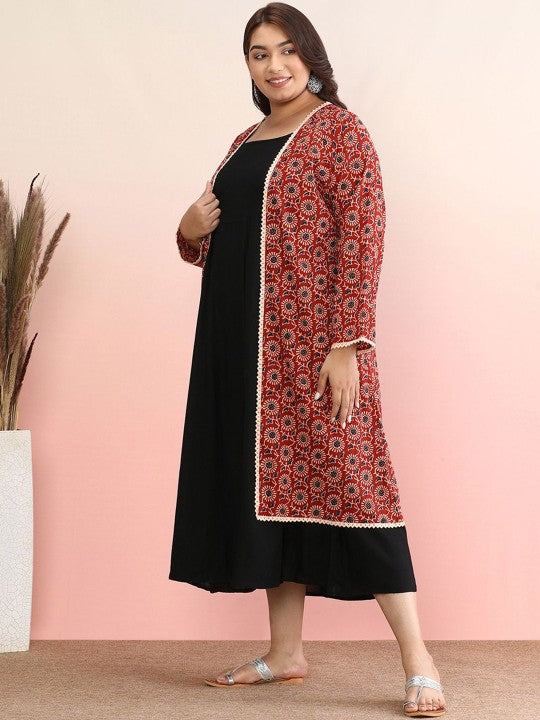 Plus Size Geometric Printed Cotton Anarkali Kurta With Jacket