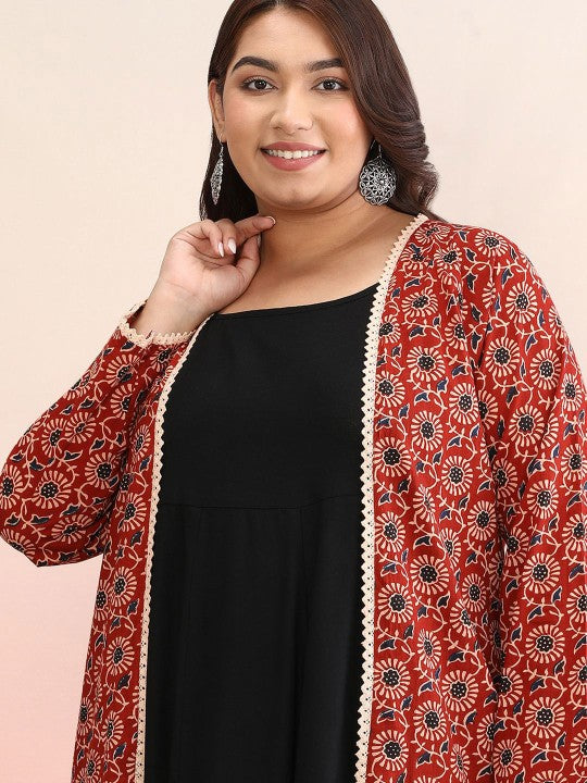 Plus Size Geometric Printed Cotton Anarkali Kurta With Jacket