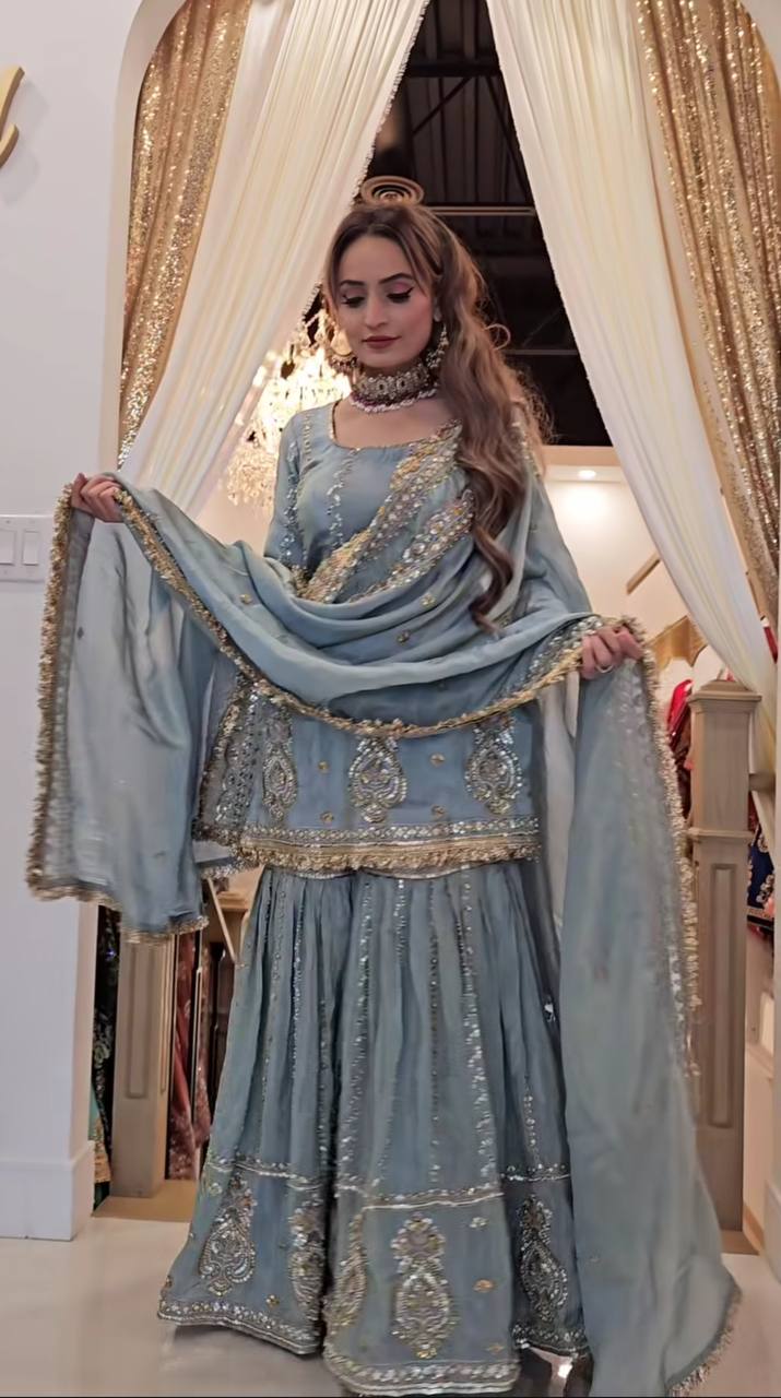 Heavy embroidery work kurta sharara with dupatta set