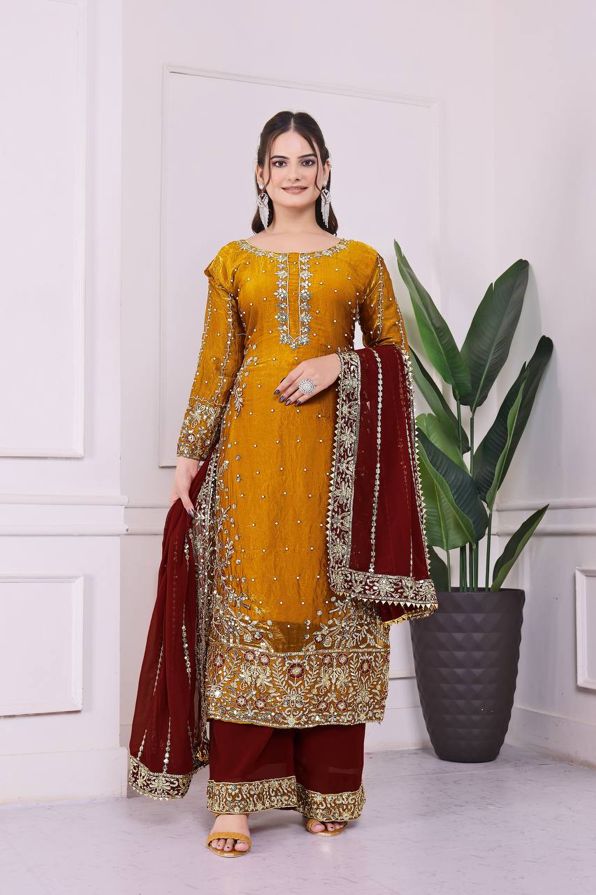 Beautiful Embroidery silk kurta palazzo sset
