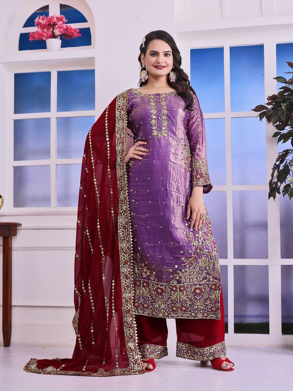 Beautiful Embroidery silk kurta palazzo sset