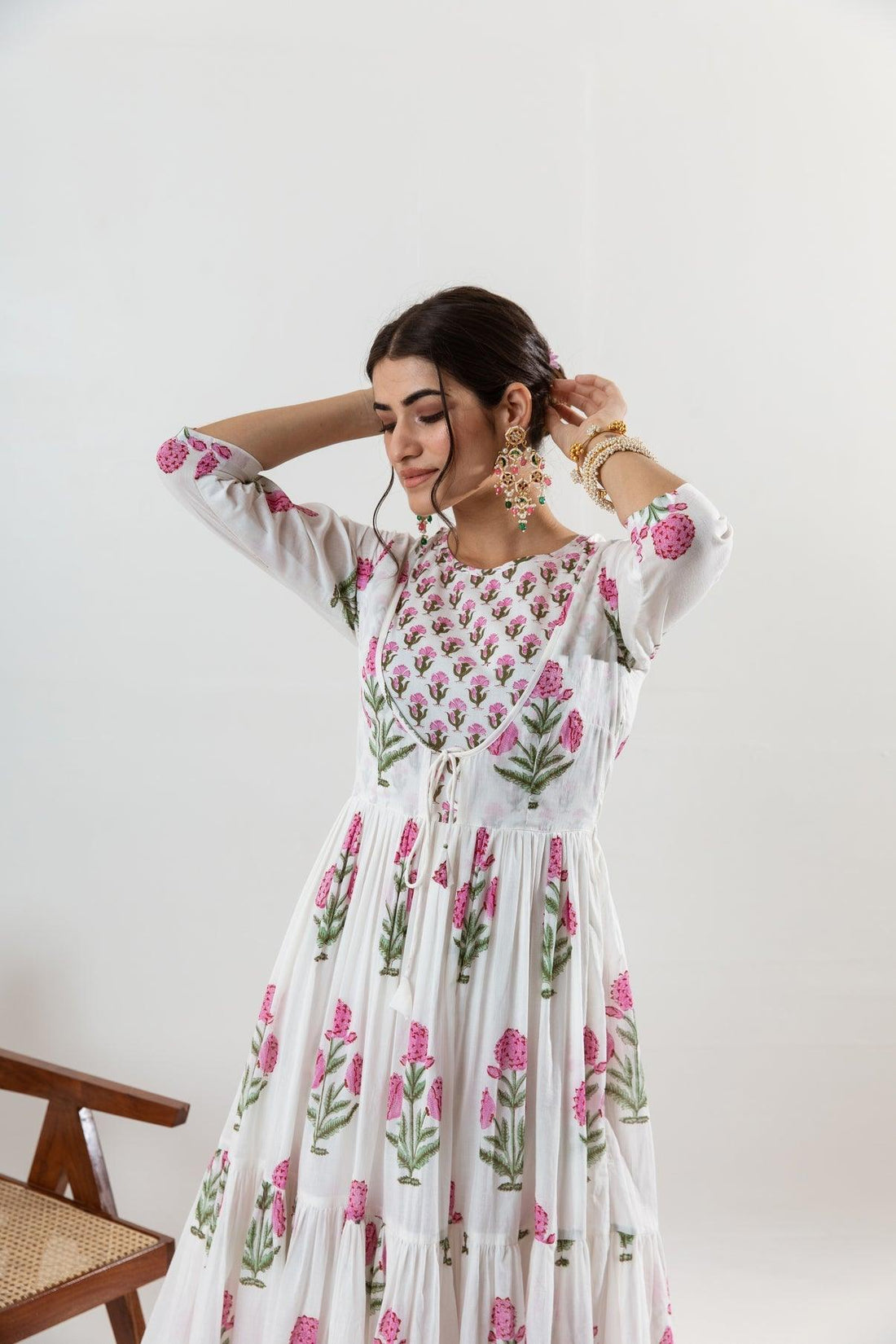 Women's  Hand block printed cotton anarkali kurta pant with dupatta sets