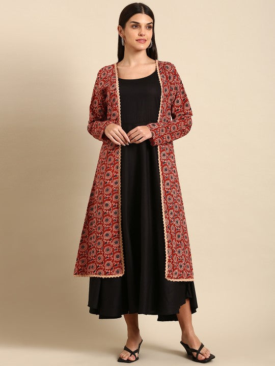 Designer rayon kurti with cotton printed jacket